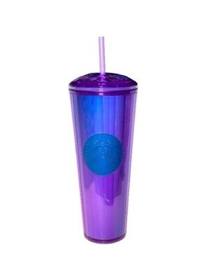 Starbucks Purple Iridescent Tumbler with Blue Logo and Straw